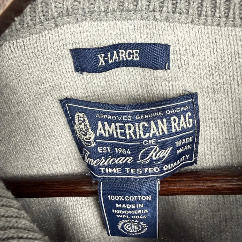 American Rag Mens XL Grey Geometric Striped 1/4 Zip Cotton Knit Sweater
